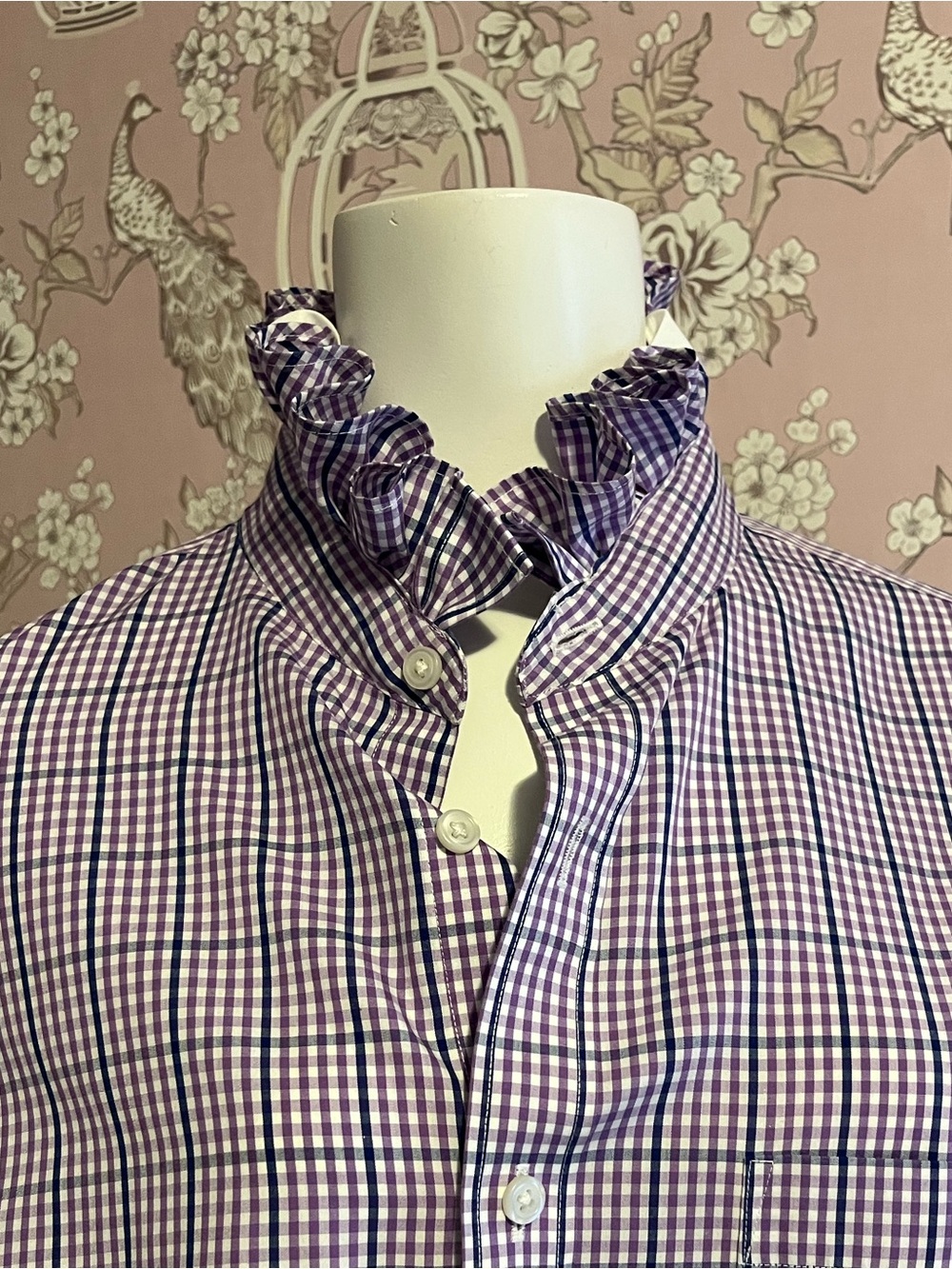 J. Crew purple, blue & white upcycled shirt with ruffle collar